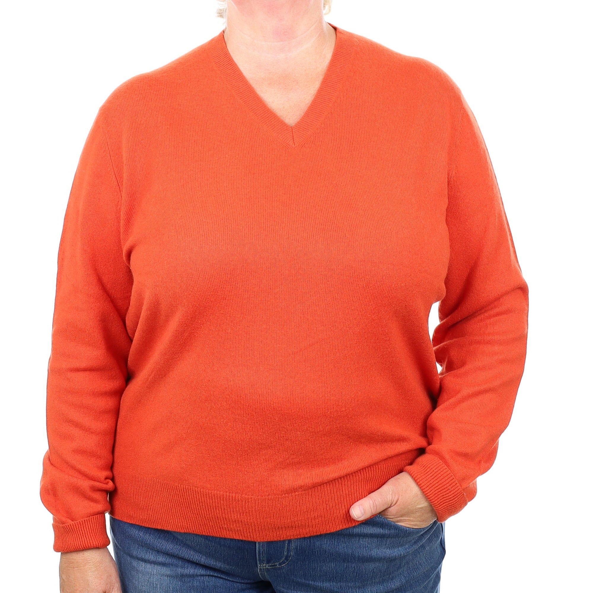 Tangerine Orange Cashmere V Neck Jumper 2 Extra Large