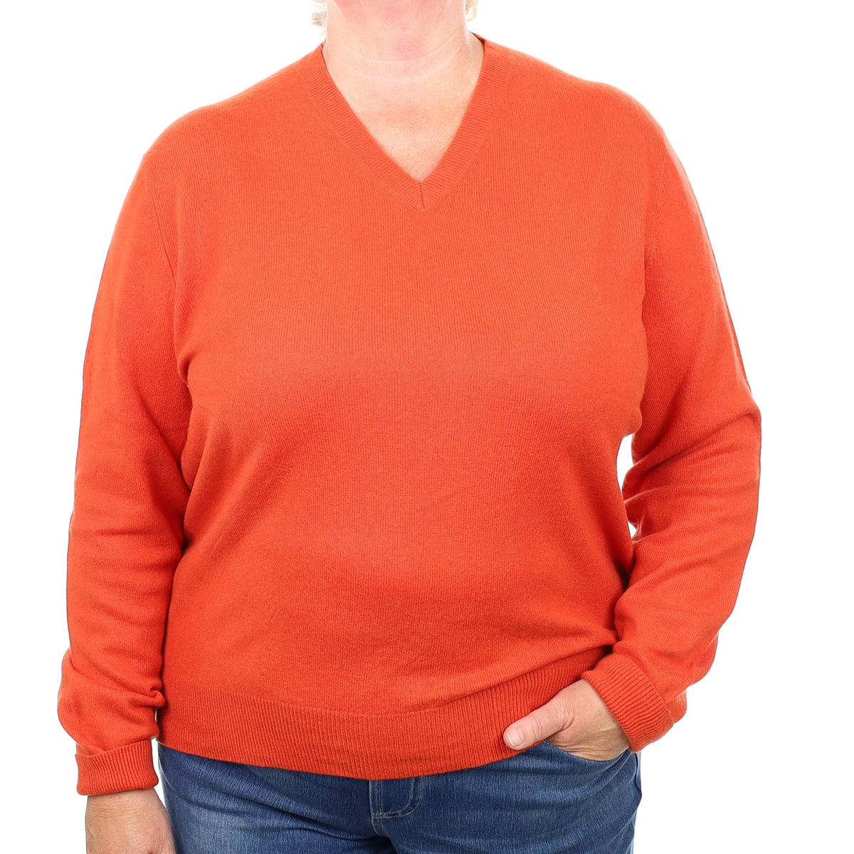 Tangerine Orange Cashmere V Neck Jumper 2 Extra Large