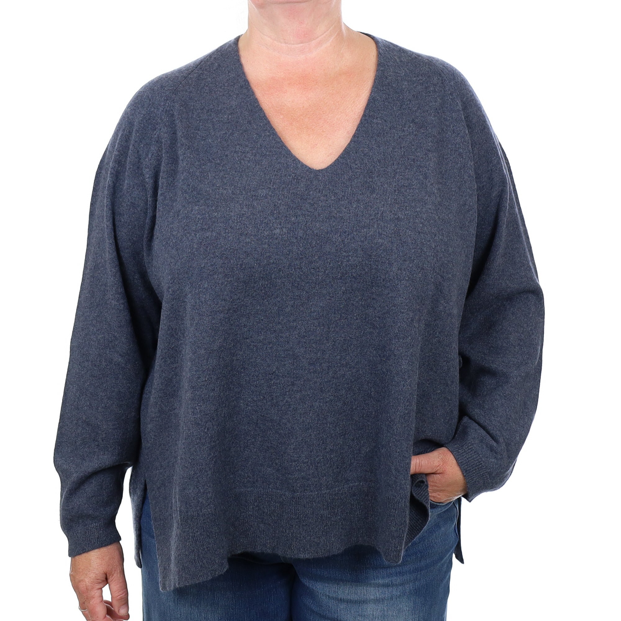 Denim Blue Cashmere V Neck Jumper 2 Extra Large