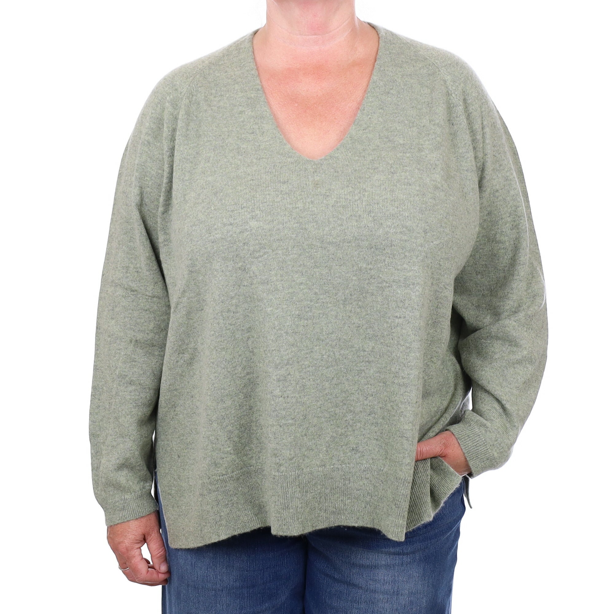 Palest  Khaki Marl Cashmere V Neck Jumper 2  Extra Large