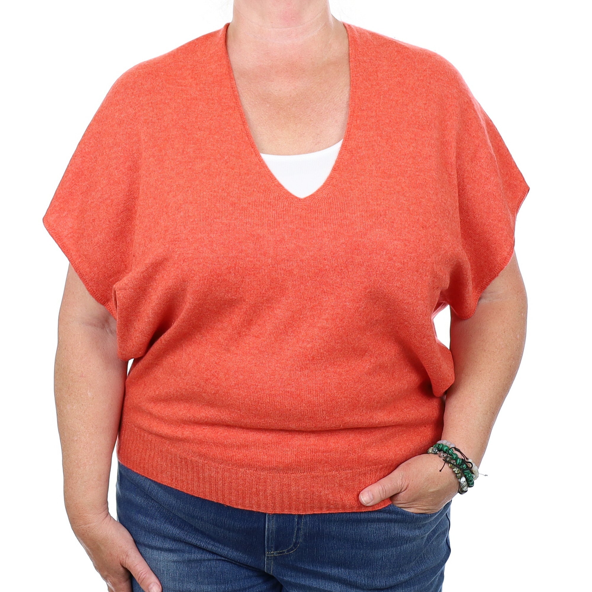 Sunset Orange Cashmere V Neck Sleeveless Jumper Extra Large
