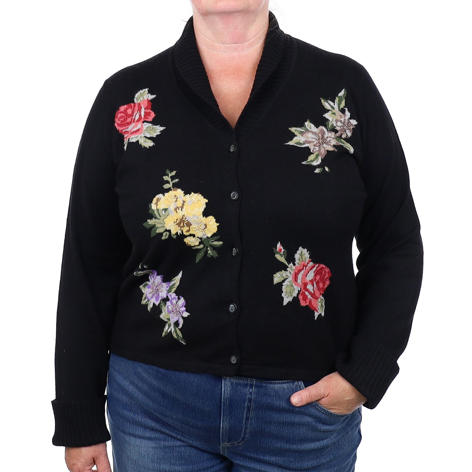 Black Floral Shawl Collar Cashmere Cardigan Extra Large