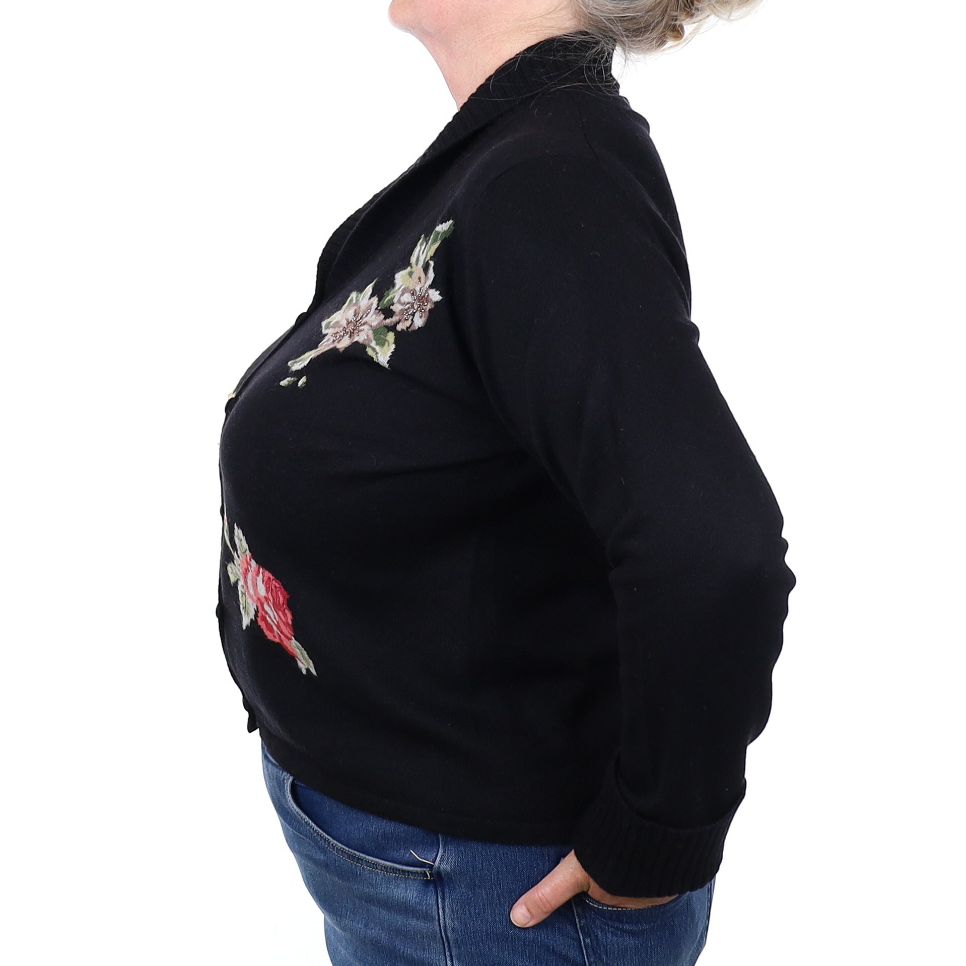 Black Floral Shawl Collar Cashmere Cardigan Extra Large