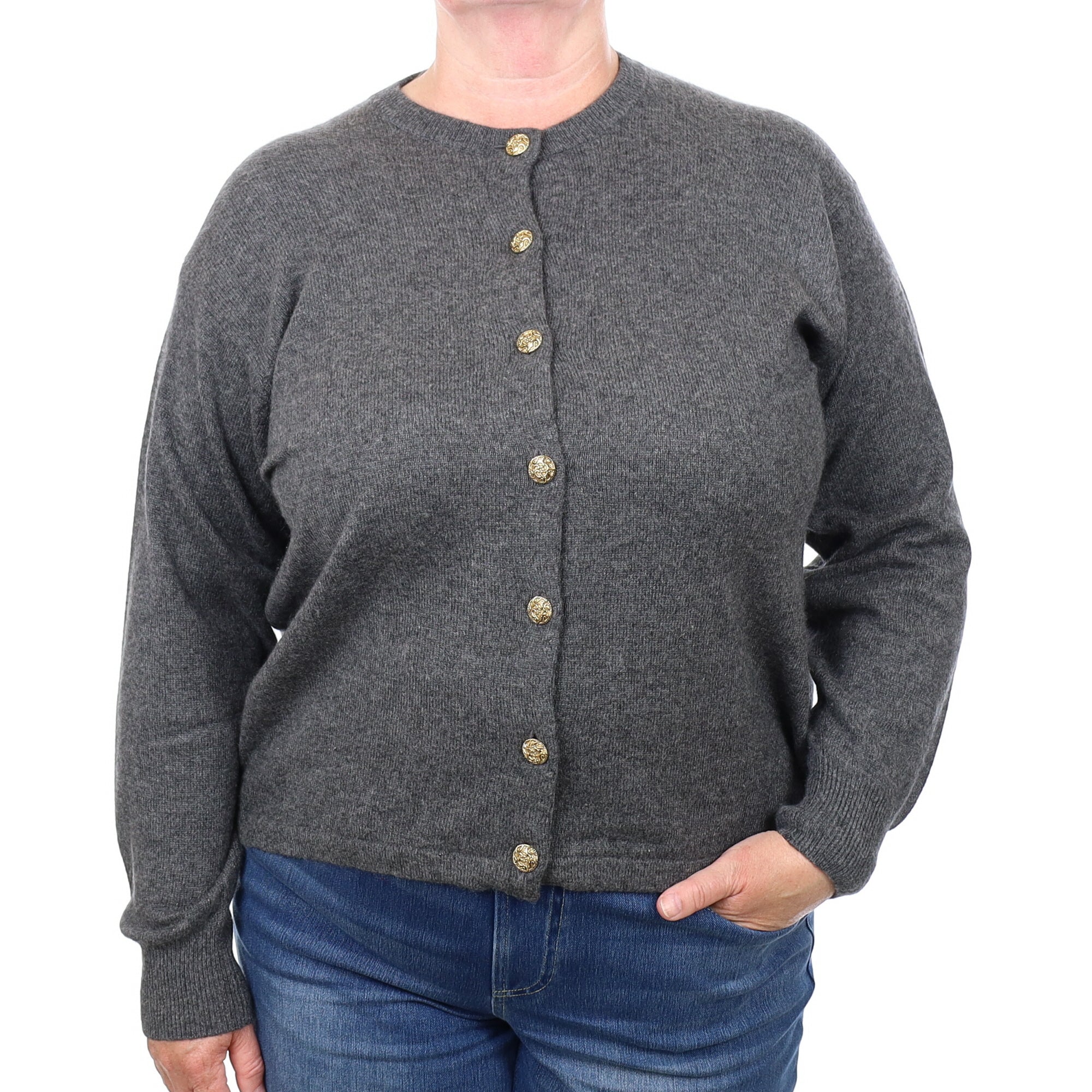 Slate Grey Cashmere Crew Neck Cardigan Extra Large