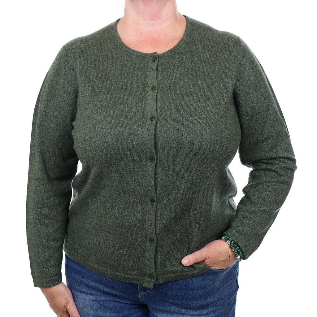 Italian Green Marl Cashmere Crew Neck Cardigan Extra Large