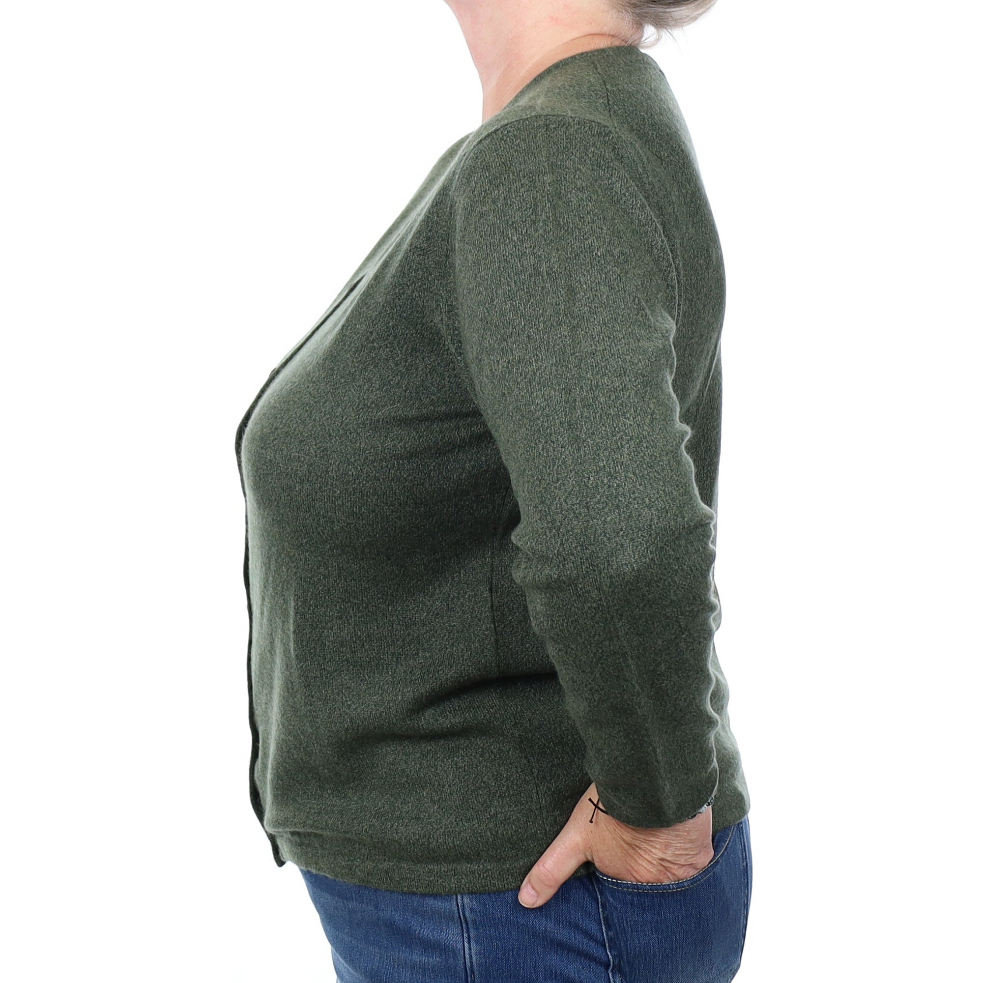 Italian Green Marl Cashmere Crew Neck Cardigan Extra Large