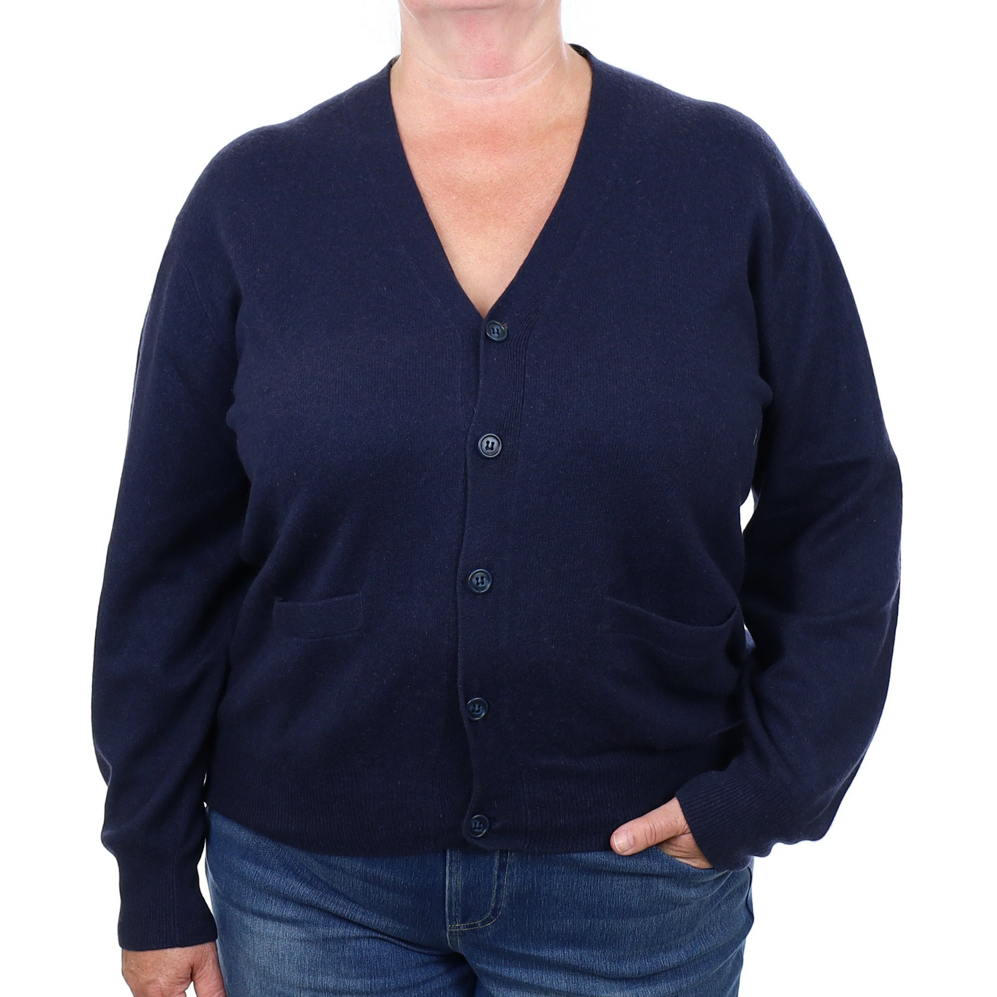 Navy Blue Cashmere V Neck Cardigan with Pockets Extra Large