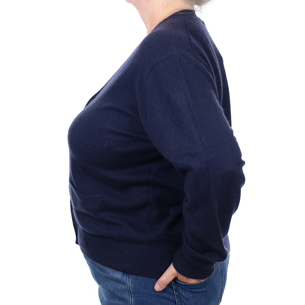 Navy Blue Cashmere V Neck Cardigan with Pockets Extra Large