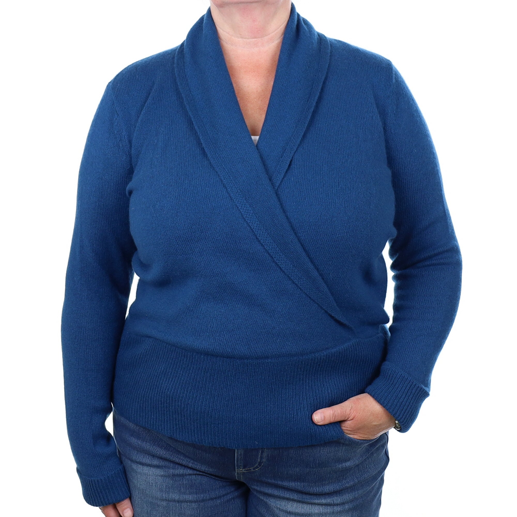 Teal Blue Cashmere V Neck Cross Over Jumper Extra Large