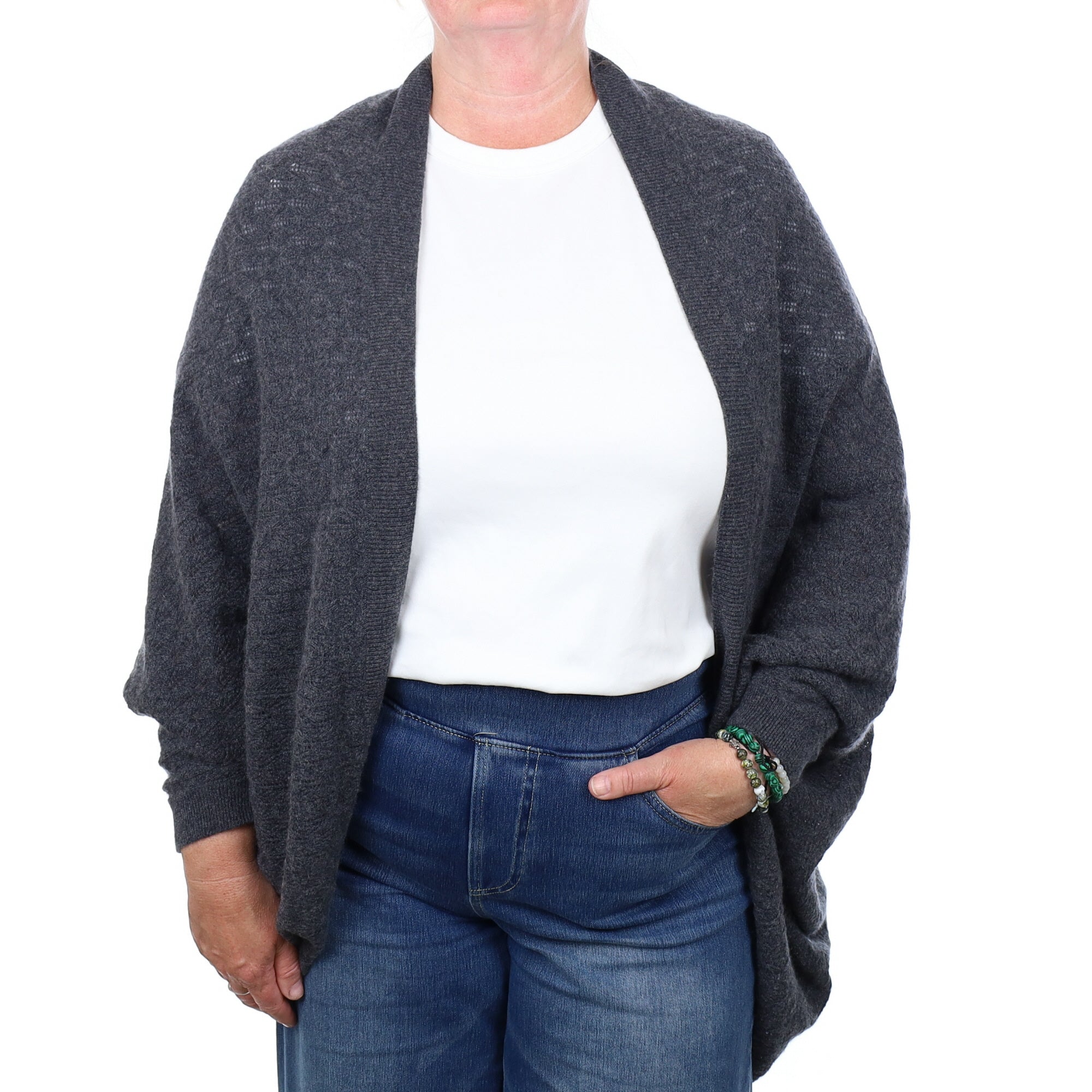 Charcoal Grey Cashmere Textured Edge to Edge Shrug Cardigan Extra Large