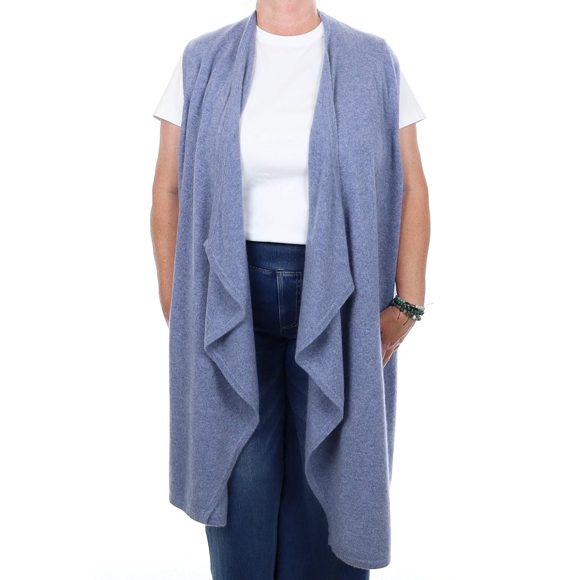 Denim Blue Cashmere Sleeveless Edge to Edge Waterfall Cardigan Extra Large