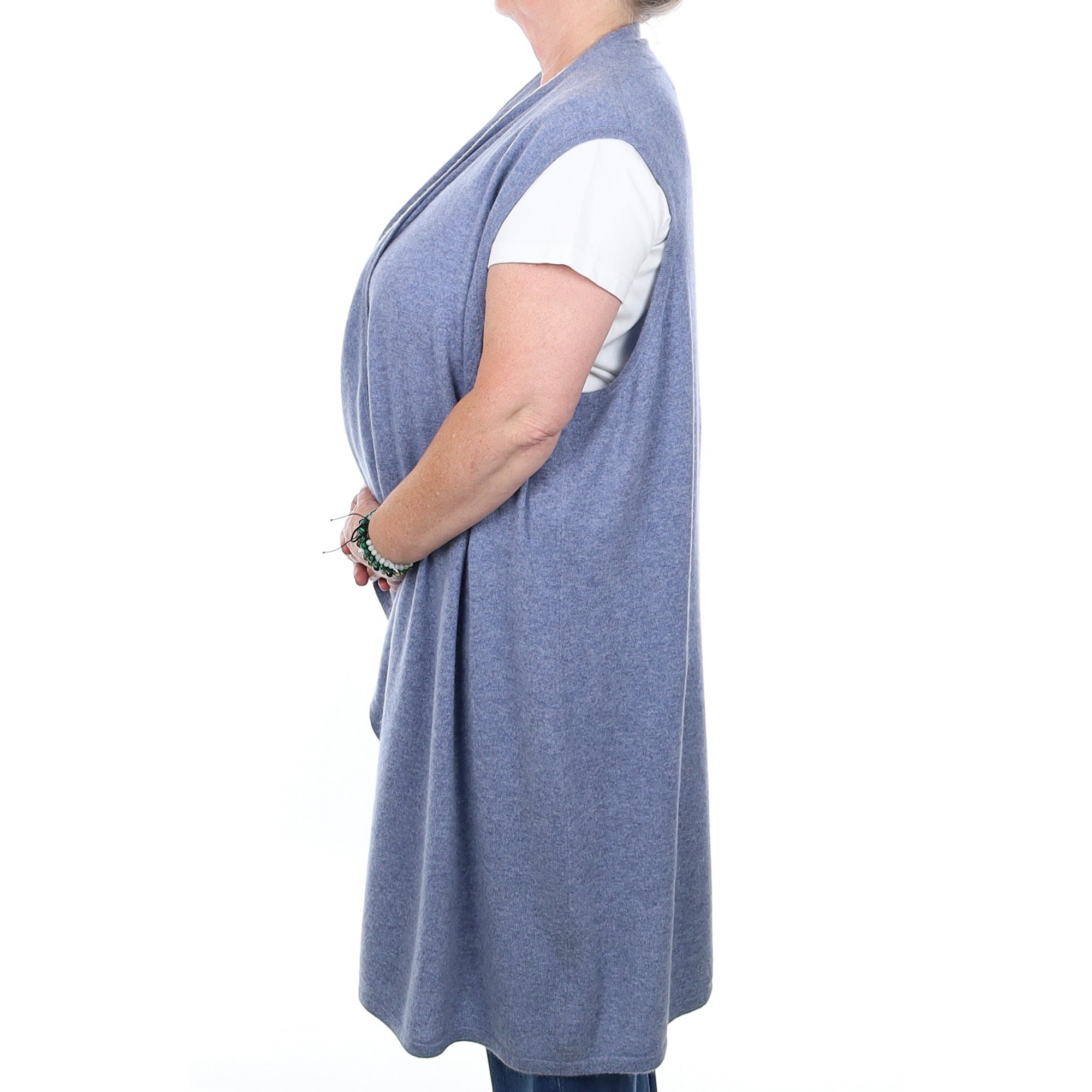 Denim Blue Cashmere Sleeveless Edge to Edge Waterfall Cardigan Extra Large