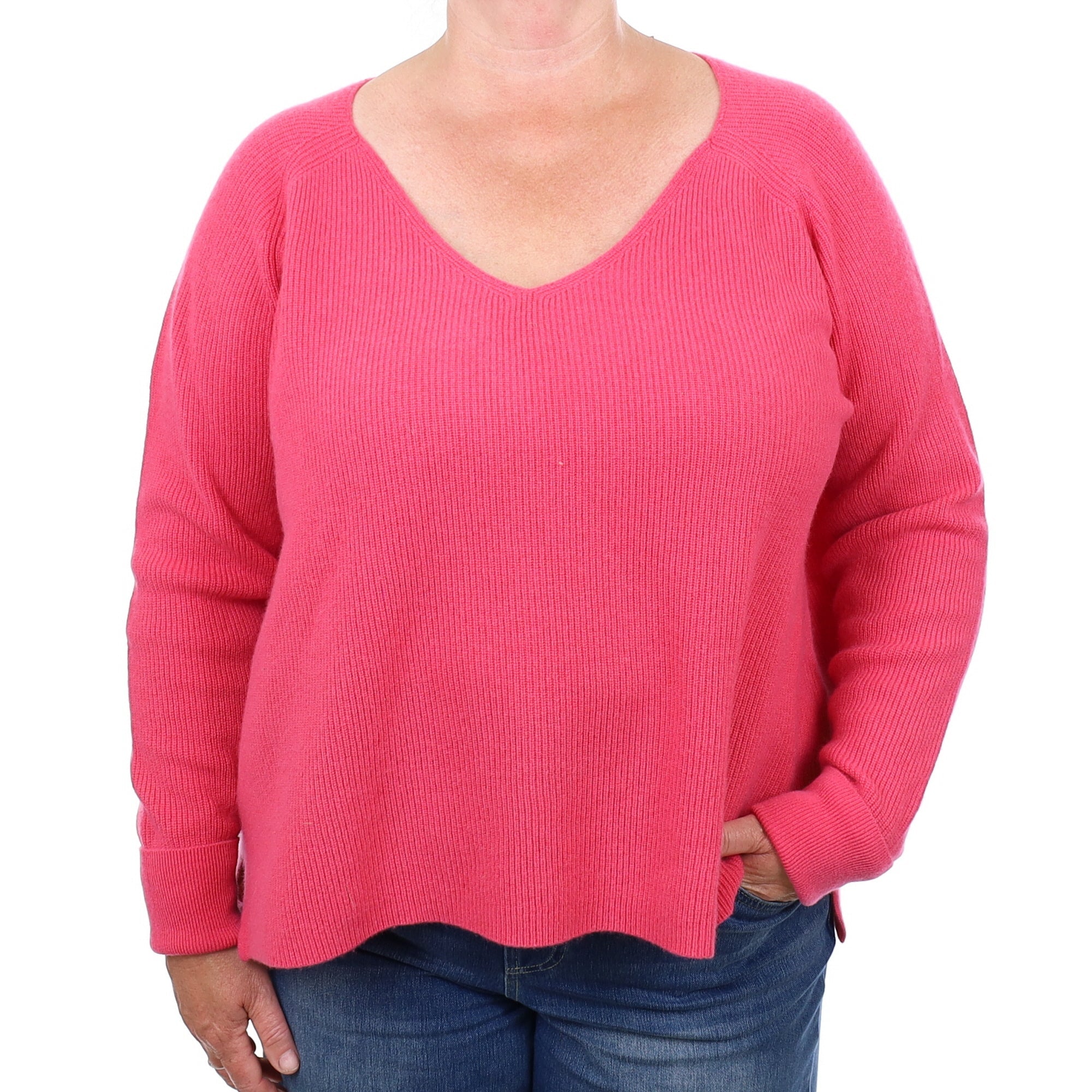 Rose Pink Cashmere Heavy Rib Knit V Neck Jumper 2  Extra Large