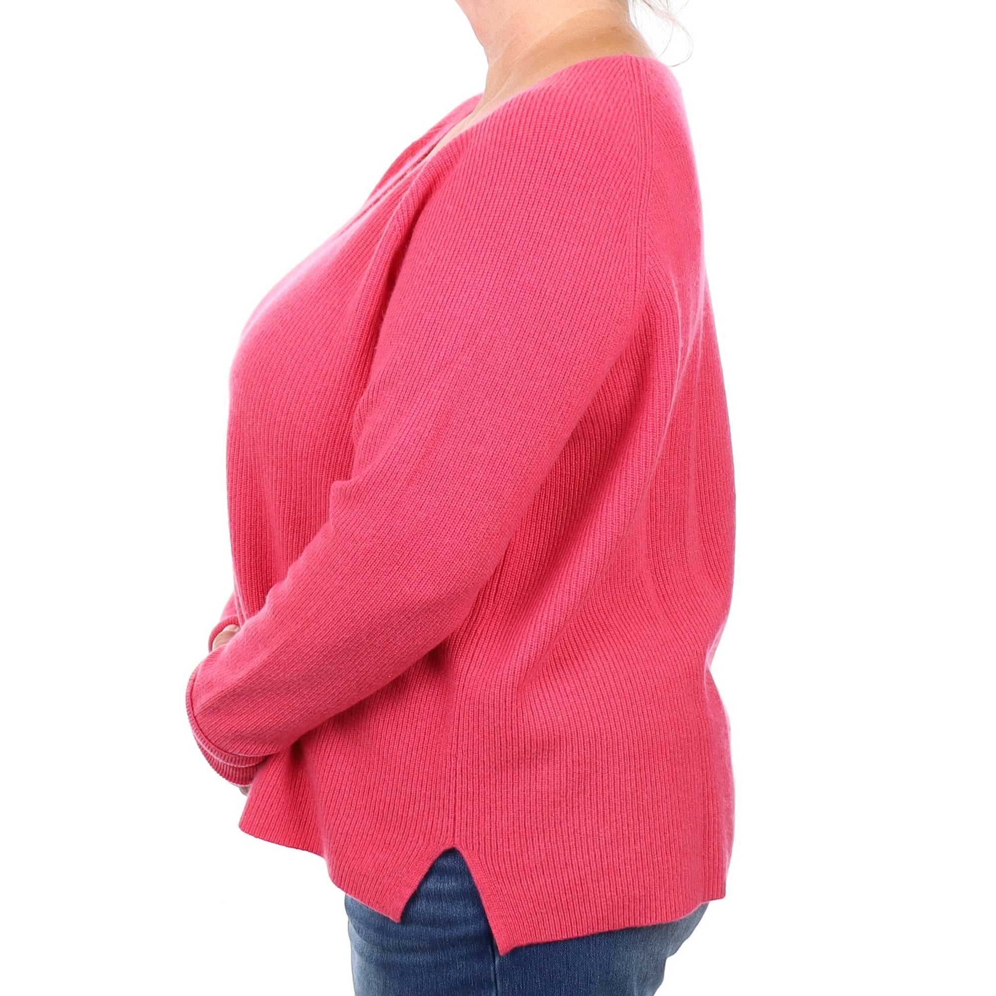 Rose Pink Cashmere Heavy Rib Knit V Neck Jumper 2  Extra Large