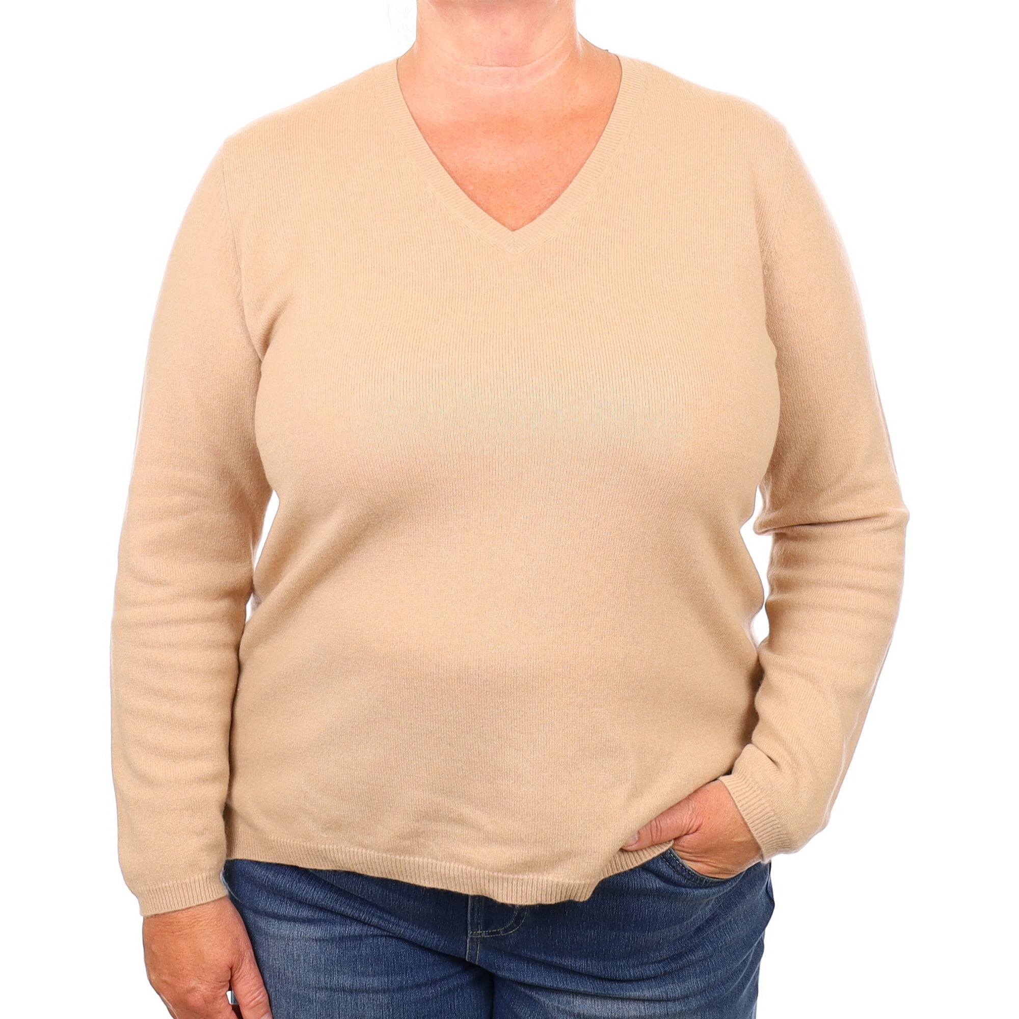 Buff Beige Cashmere V Neck Jumper Extra Large