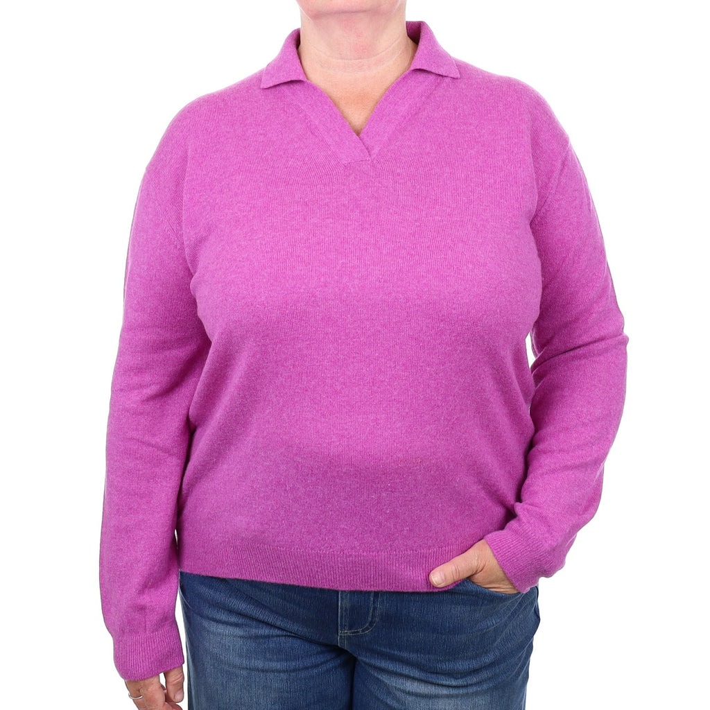 Loganberry Purple Cashmere Collared V Neck Jumper Extra Large