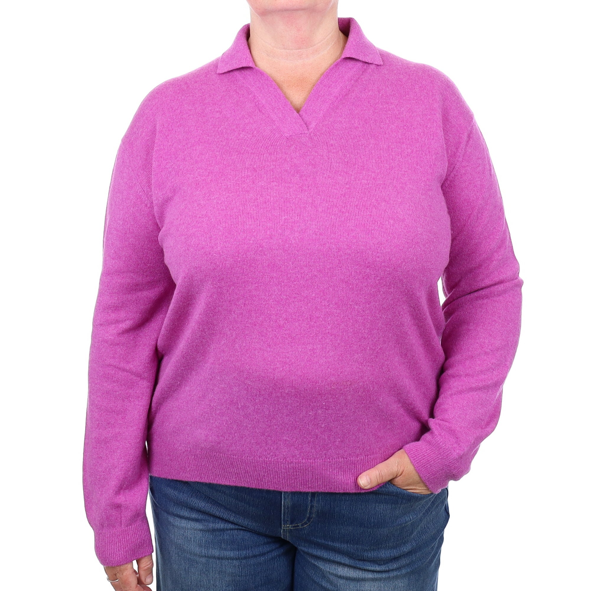Loganberry Purple Cashmere Collared V Neck Jumper Extra Large