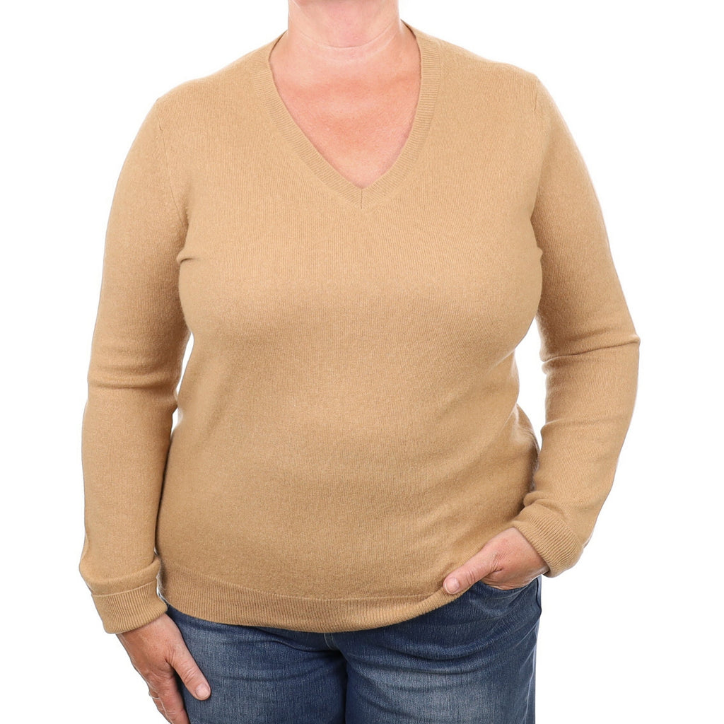 Camel Brown Cashmere V Neck Jumper Extra Large