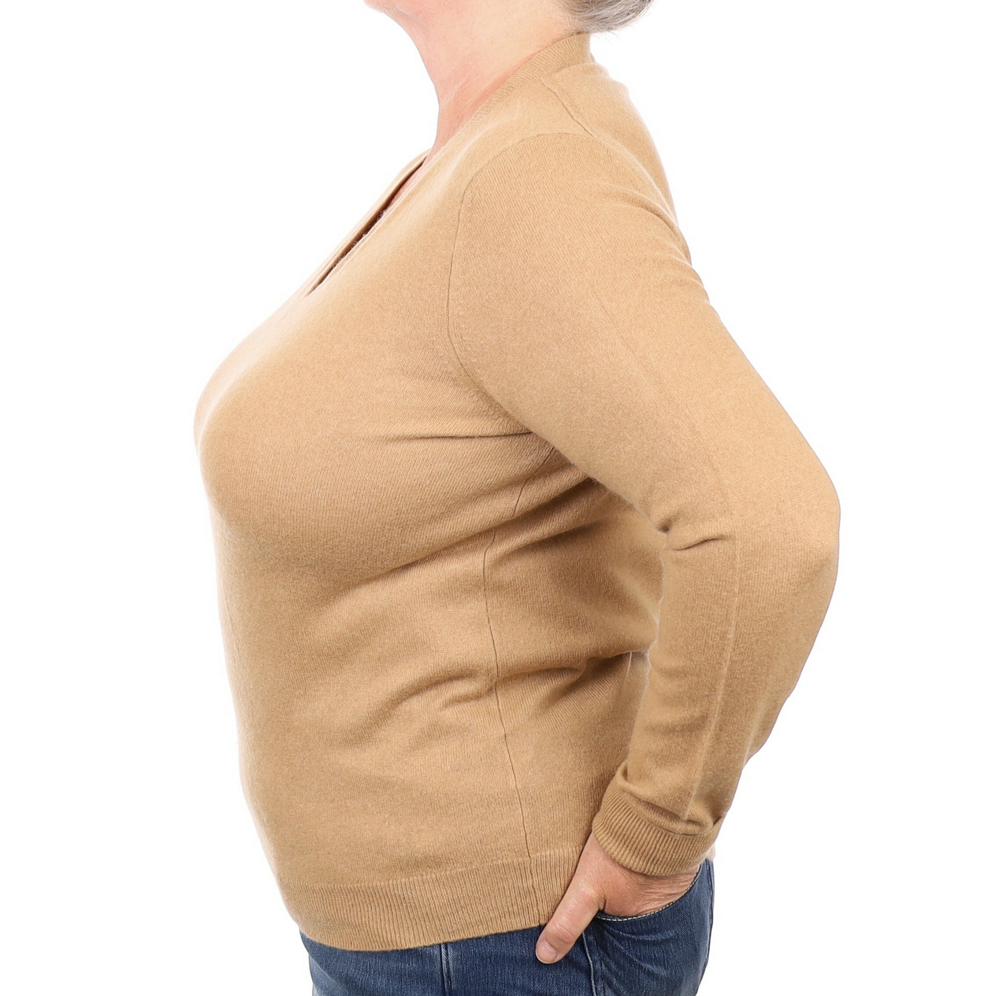 Camel Brown Cashmere V Neck Jumper Extra Large