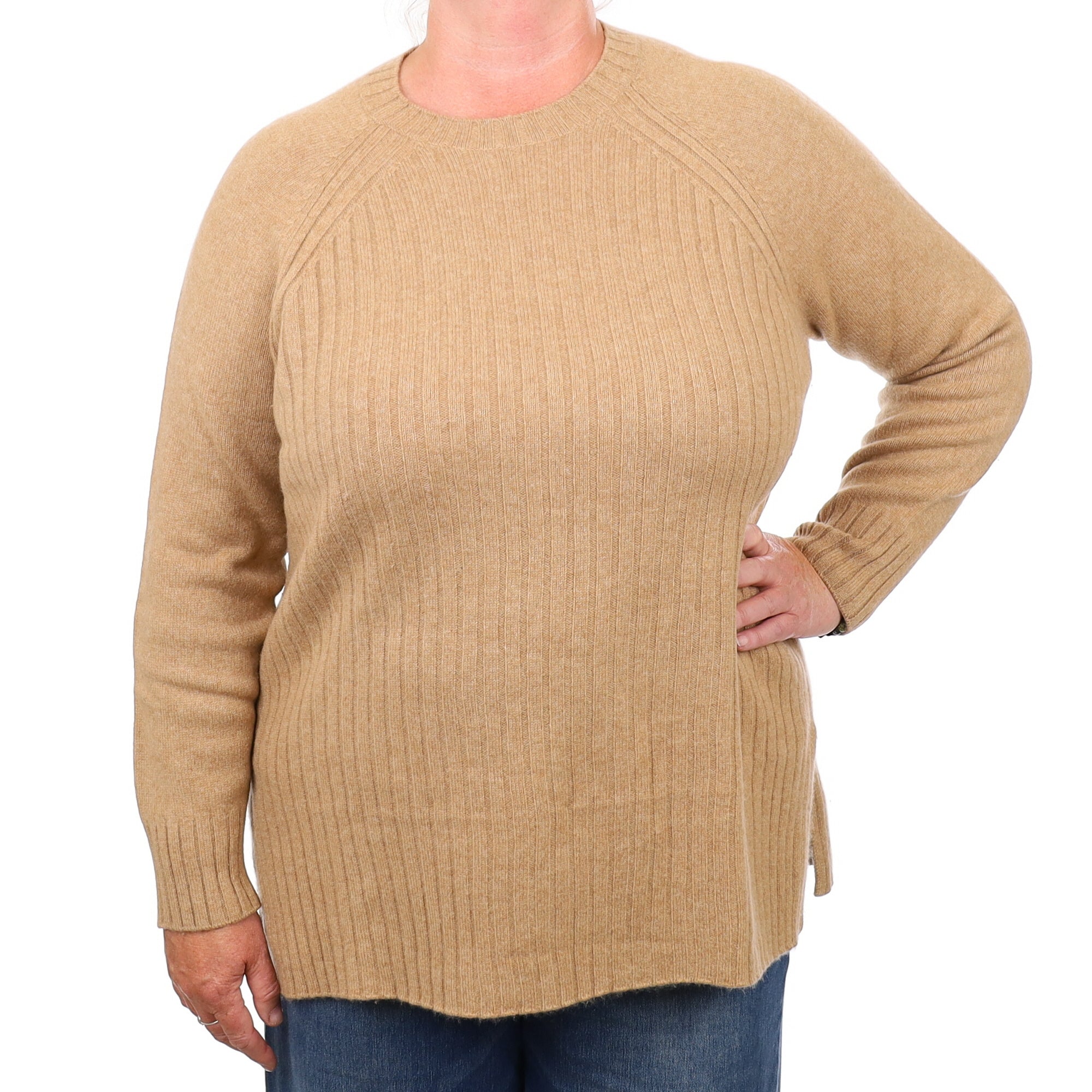 Caramel Brown Cashmere Heavy Rib Knit Crew Neck Jumper Extra Large