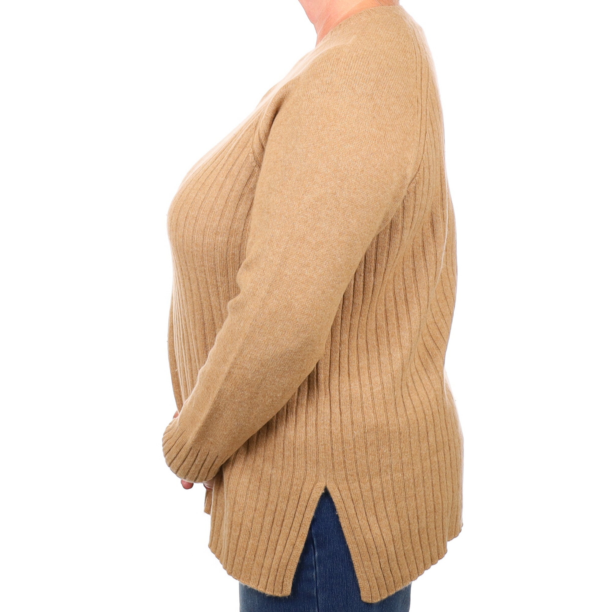 Caramel Brown Cashmere Heavy Rib Knit Crew Neck Jumper Extra Large