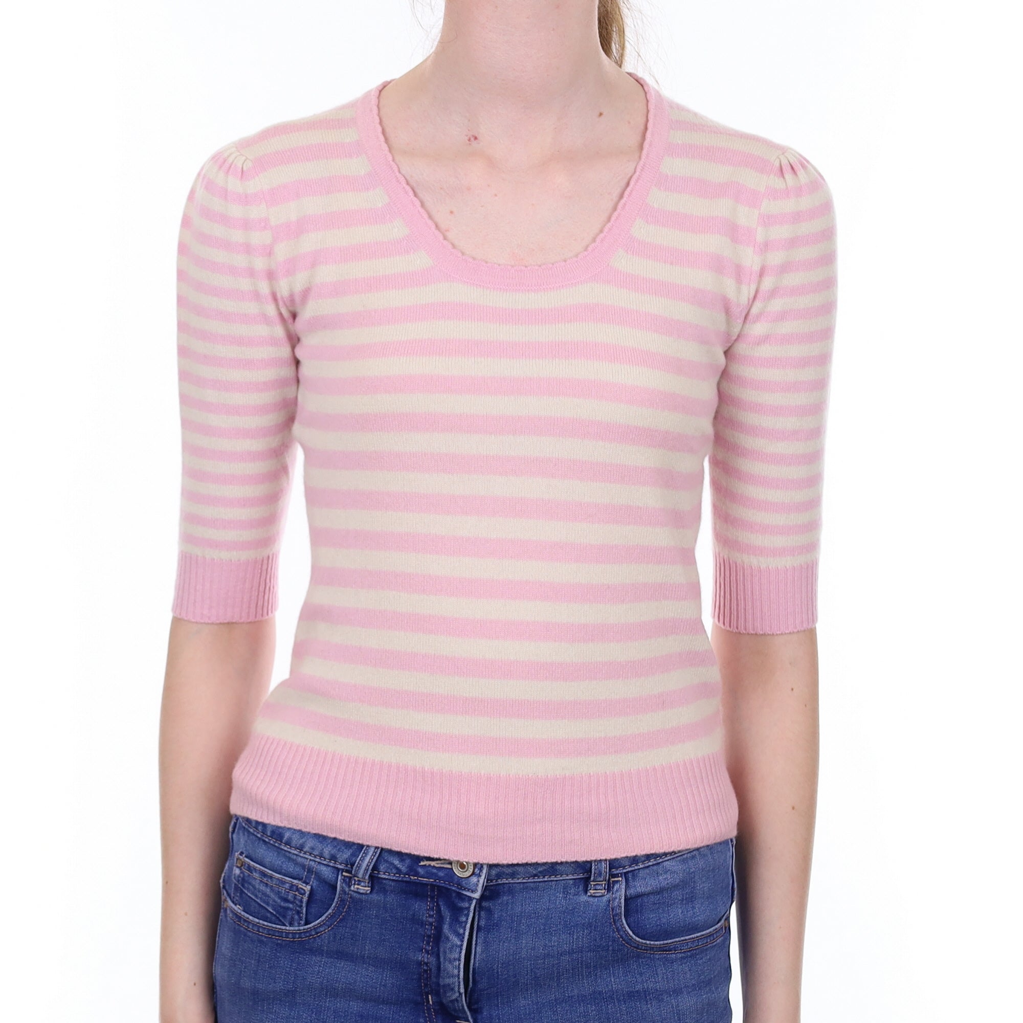 Cream and Pink Striped Cashmere Short Sleeved  Crew Neck Jumper Extra Small
