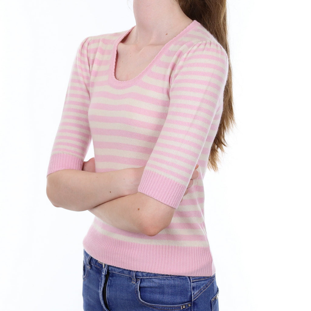 Cream and Pink Striped Cashmere Short Sleeved  Crew Neck Jumper Extra Small
