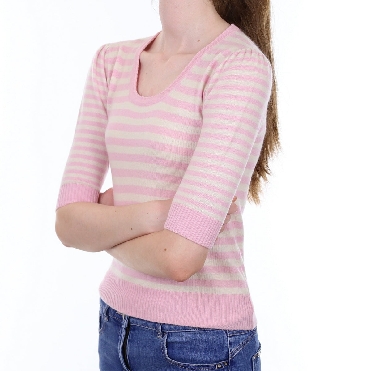 Cream and Pink Striped Cashmere Short Sleeved  Crew Neck Jumper Extra Small