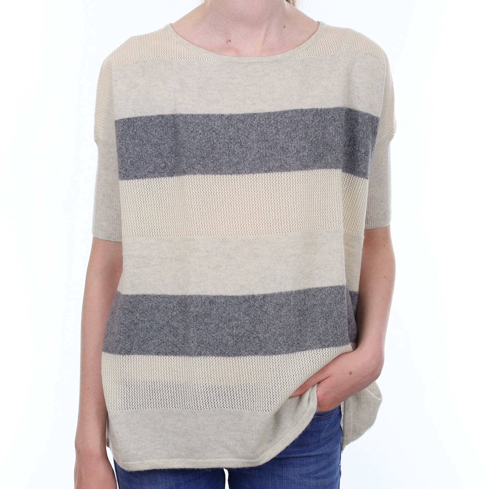 Cream and Grey Striped Cashmere Short Sleeved Crew Neck Jumper Extra Small