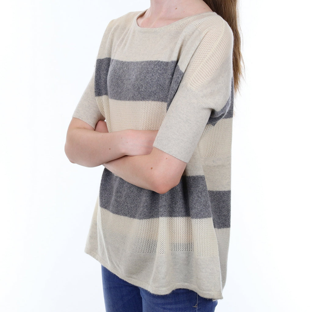Cream and Grey Striped Cashmere Short Sleeved Crew Neck Jumper Extra Small
