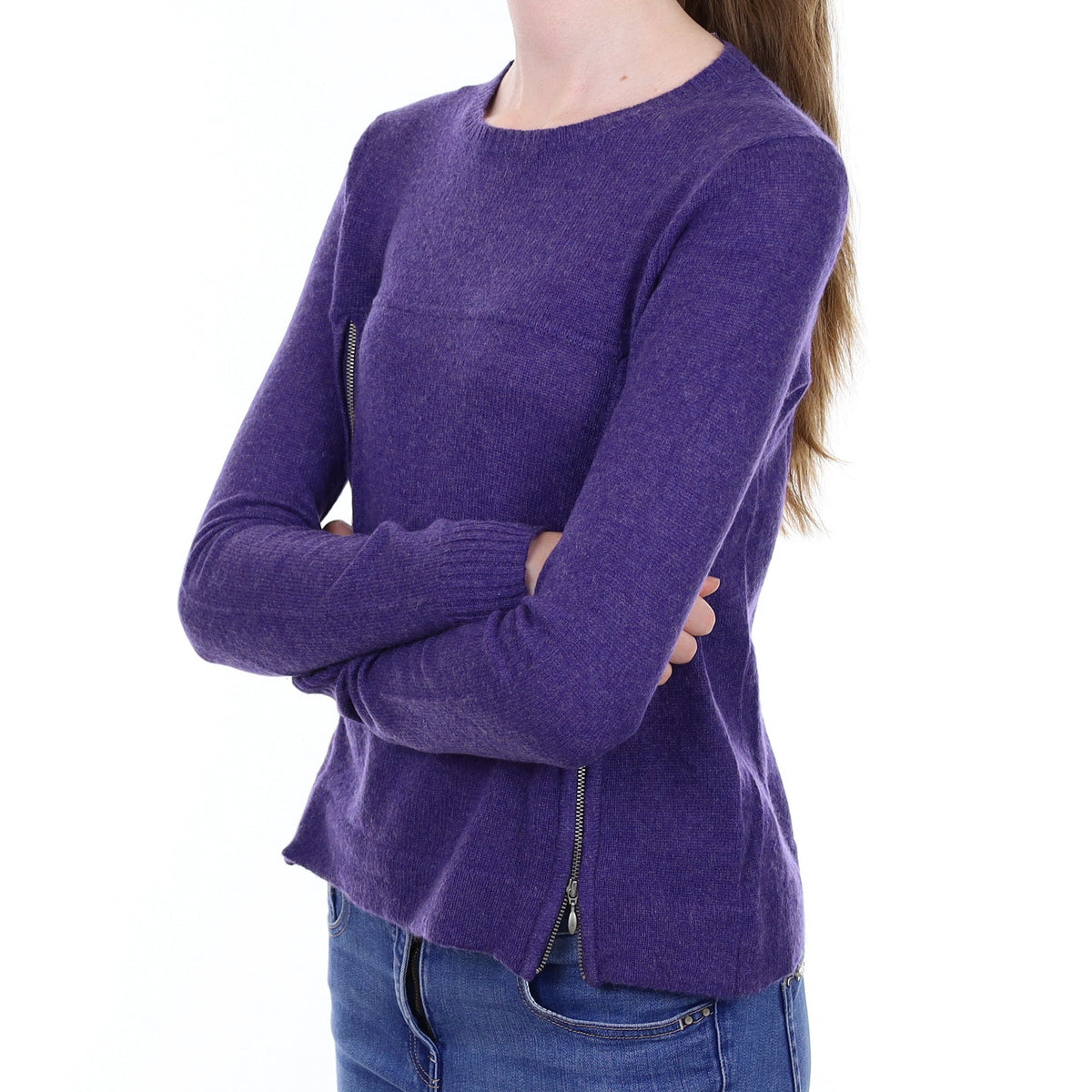 Pansy Purple Cashmere Zip Detail Crew Neck Jumper Extra Small