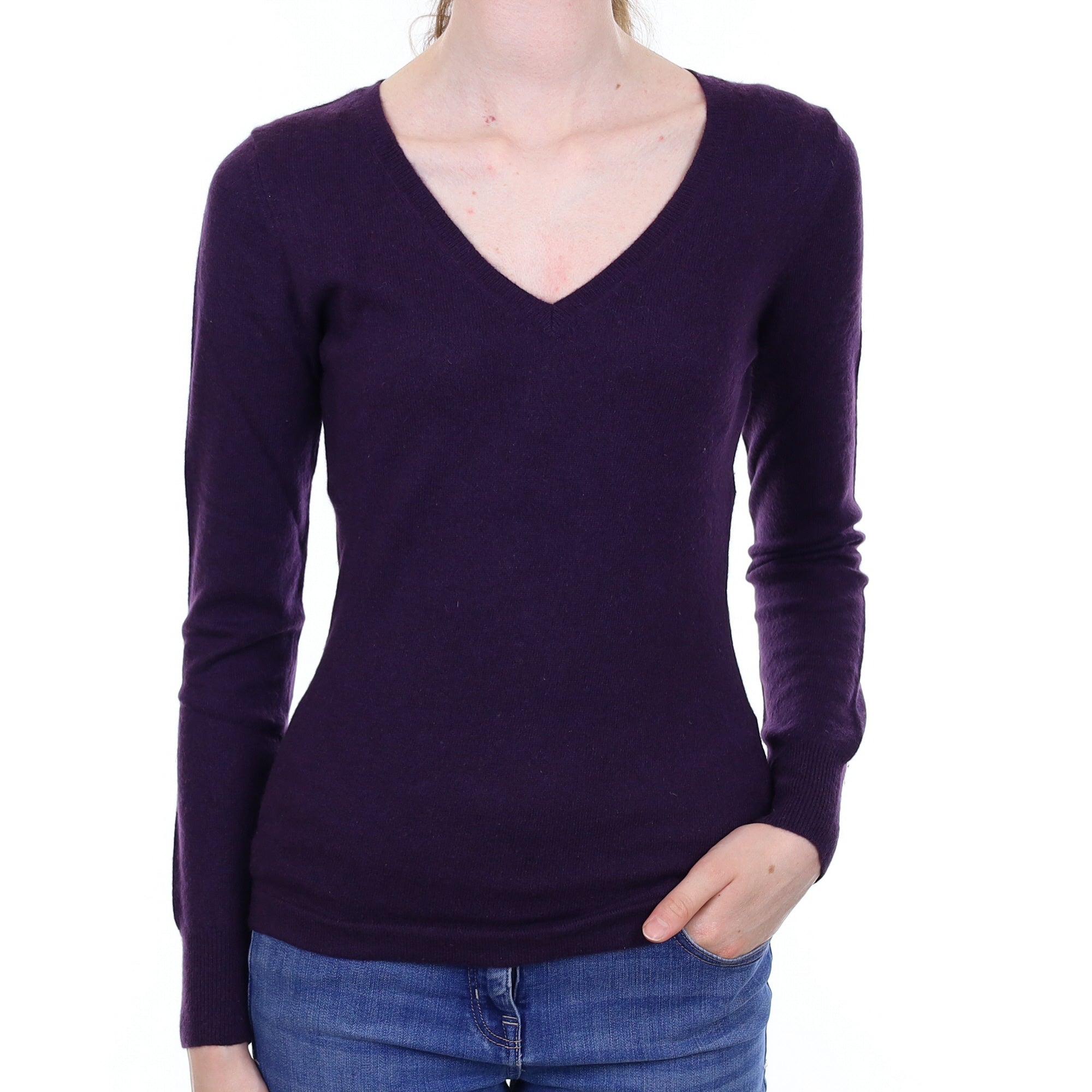 Grape Purple Cashmere V Neck Jumper Extra Small