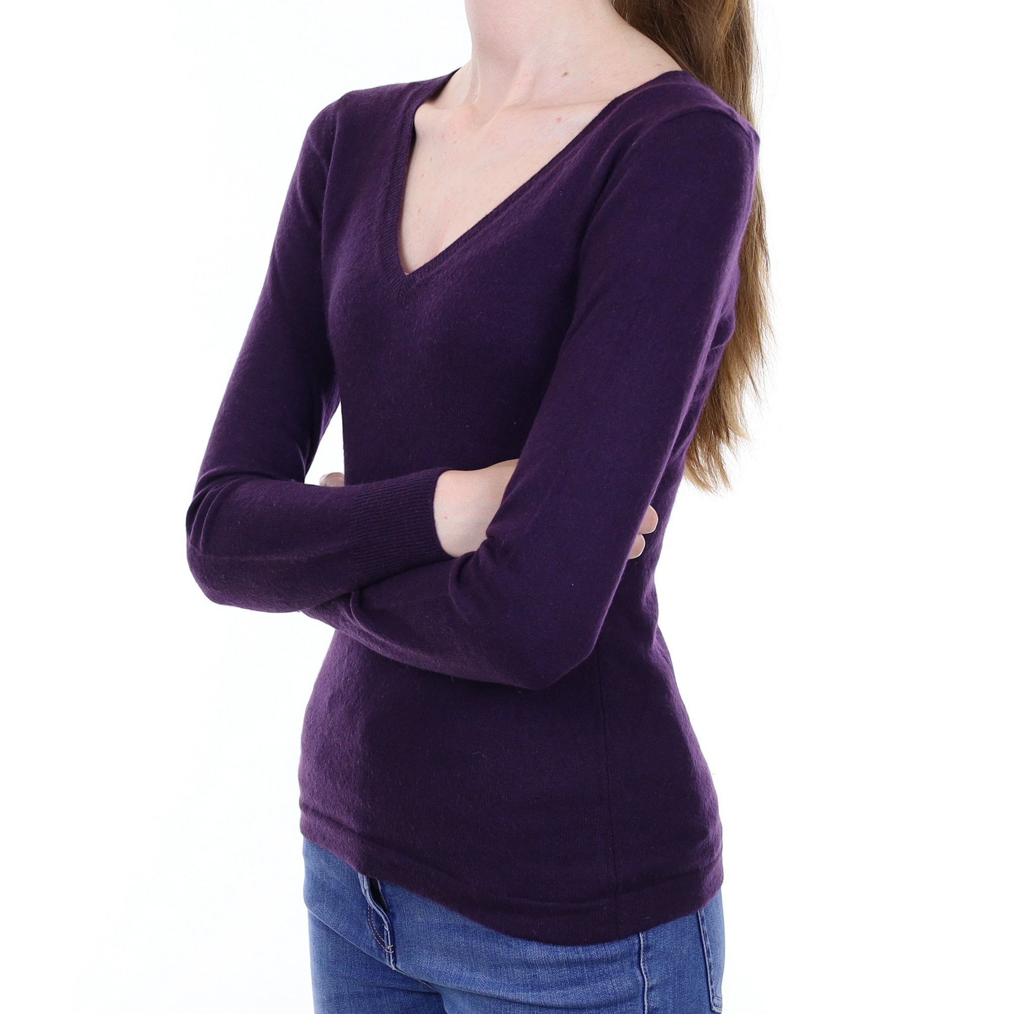 Grape Purple Cashmere V Neck Jumper Extra Small