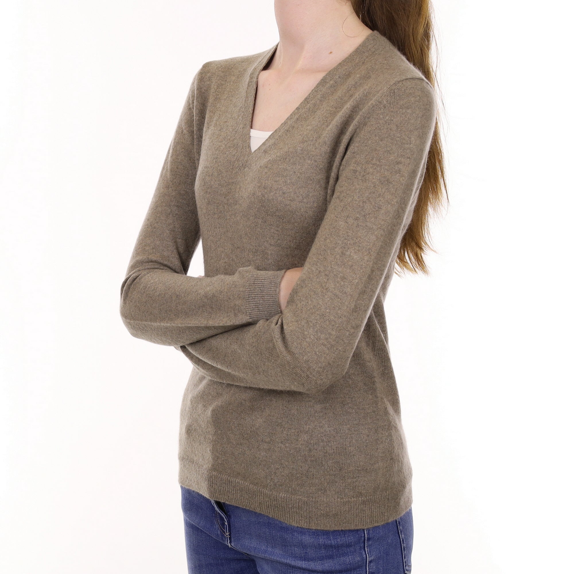 Taupe Brown Cashmere V Neck Jumper Extra Small
