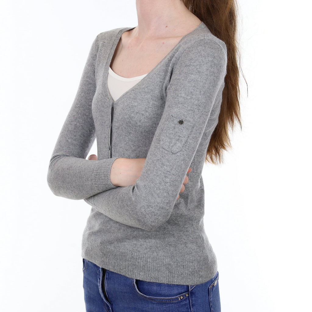 Smoke Grey Cashmere Buttoned V Neck Jumper Extra Extra Small