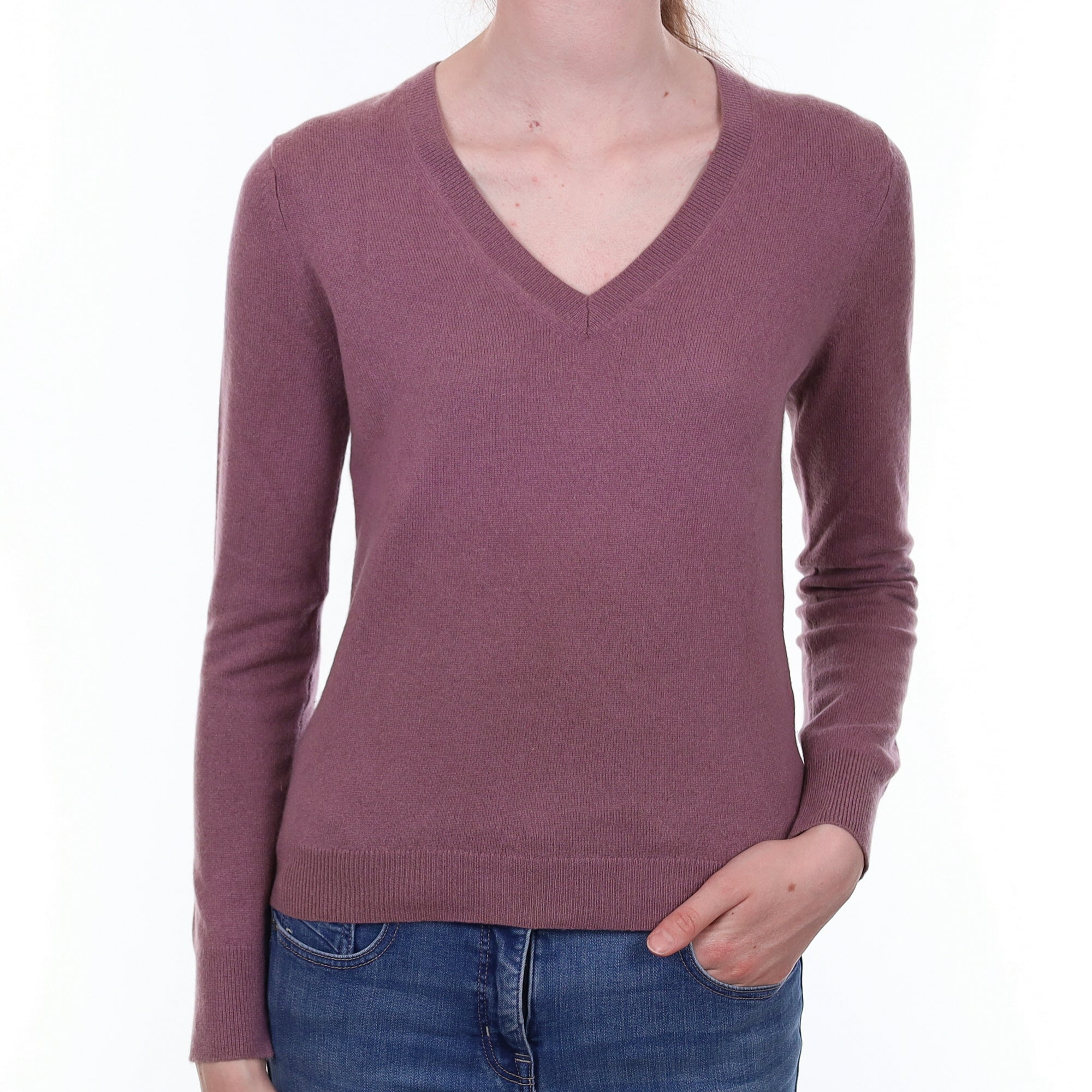 Deep Heather Cashmere V Neck Jumper Extra Small