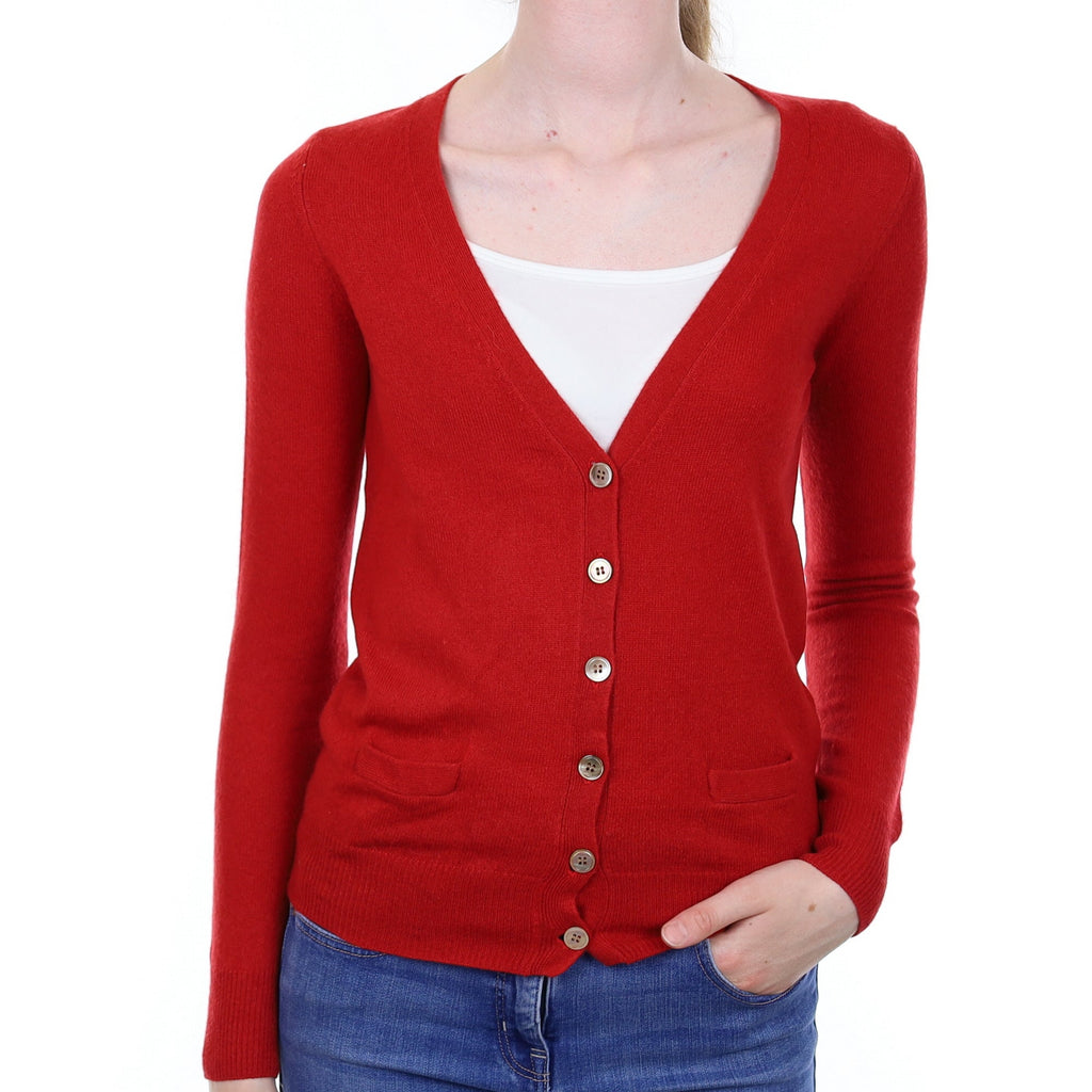 Scarlett Red Cashmere V Neck Cardigan with Pockets Extra Small