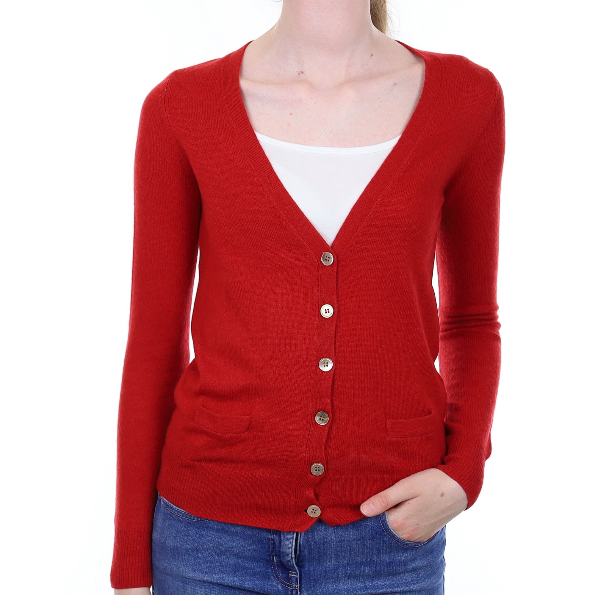 Scarlett Red Cashmere V Neck Cardigan with Pockets Extra Small