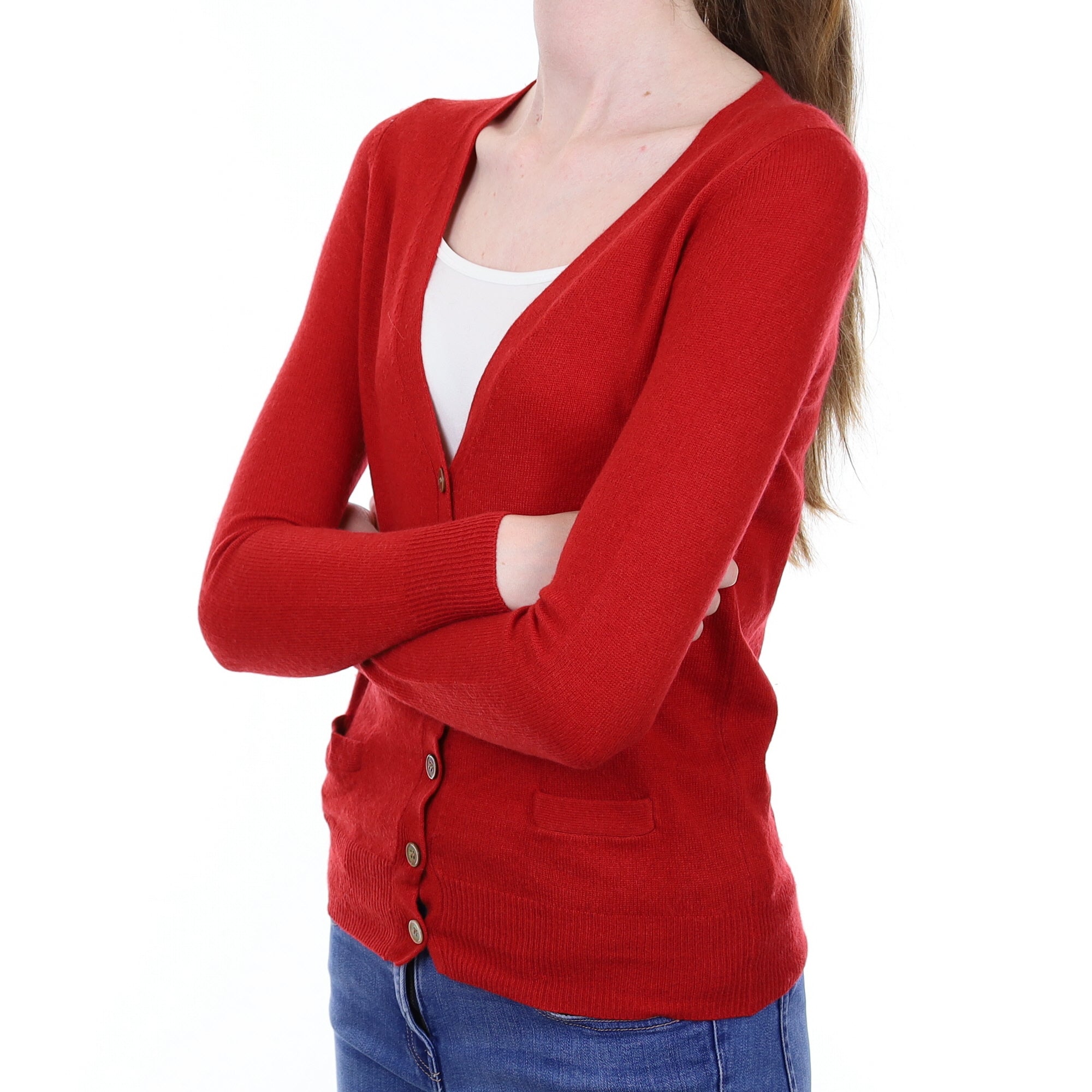 Scarlett Red Cashmere V Neck Cardigan with Pockets Extra Small