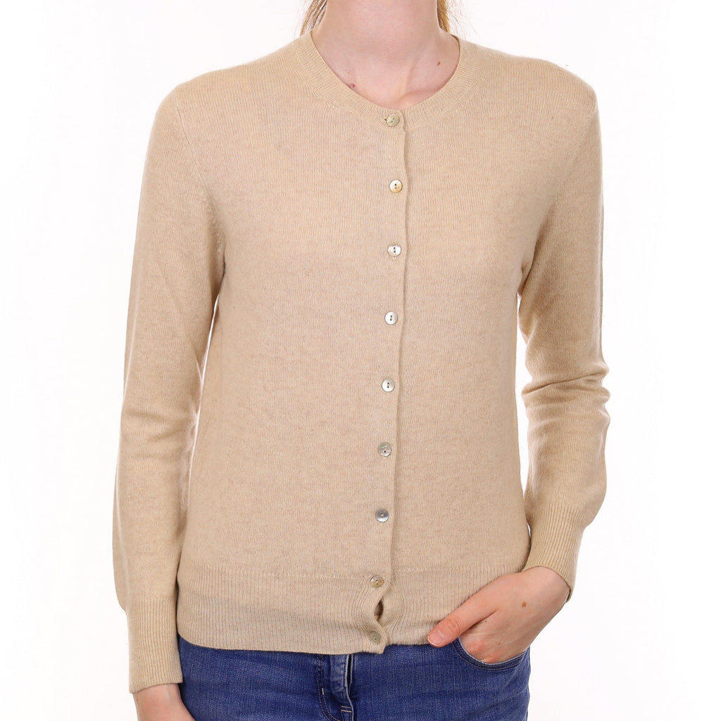 Honey Beige Cashmere Crew Neck Cardigan Extra Small