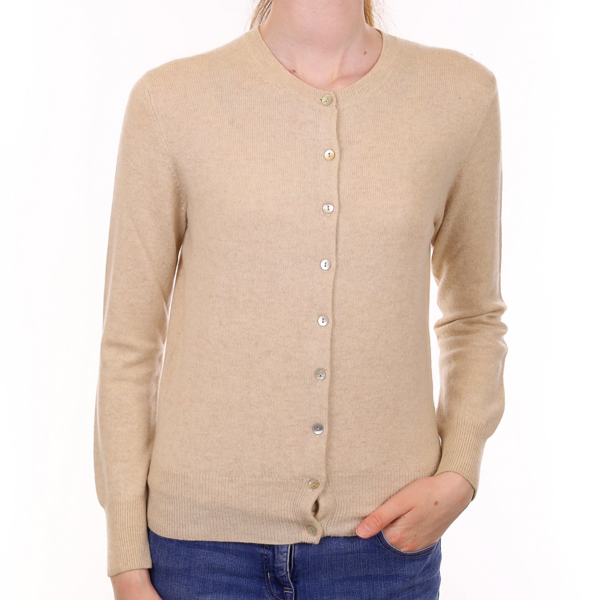 Honey Beige Cashmere Crew Neck Cardigan Extra Small