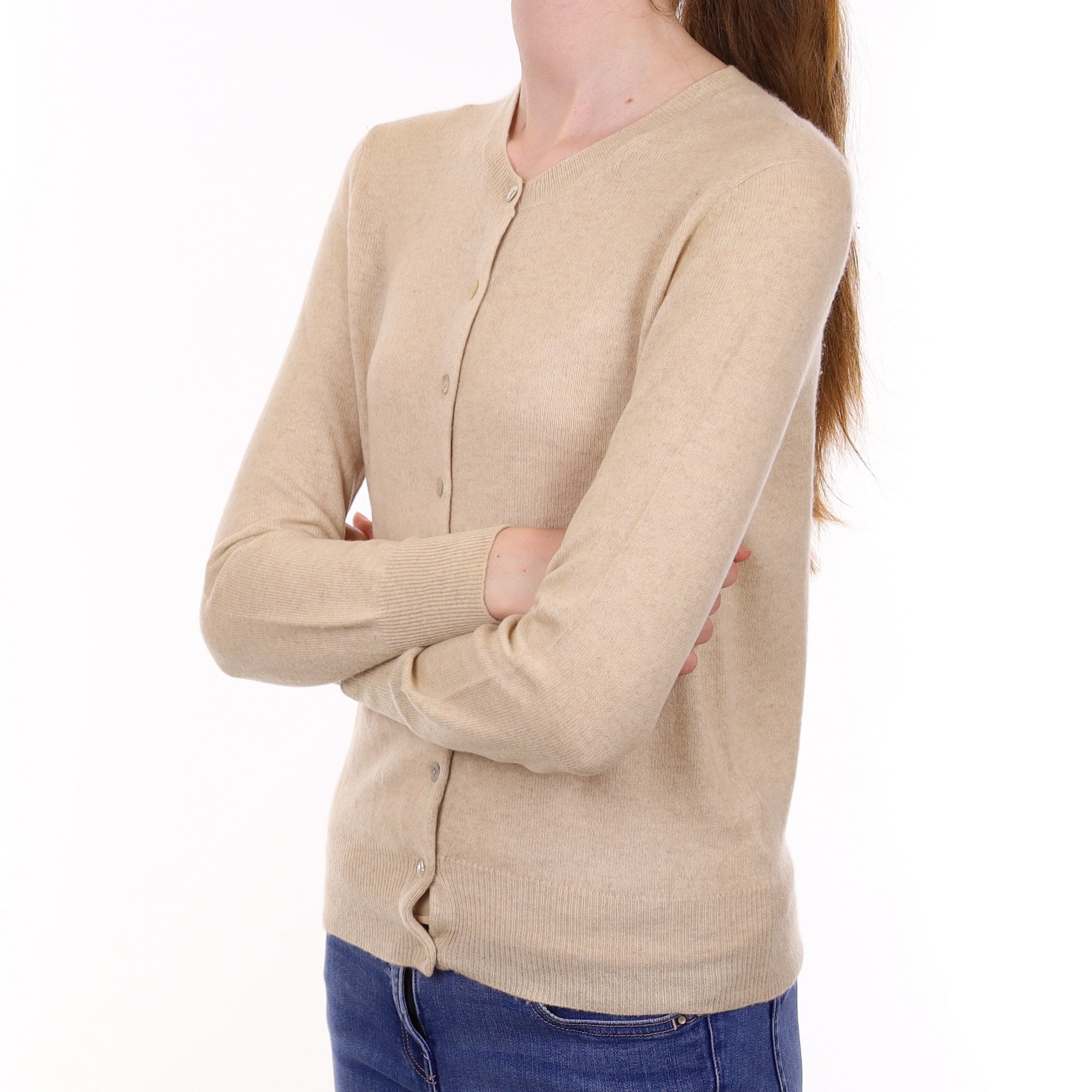 Honey Beige Cashmere Crew Neck Cardigan Extra Small