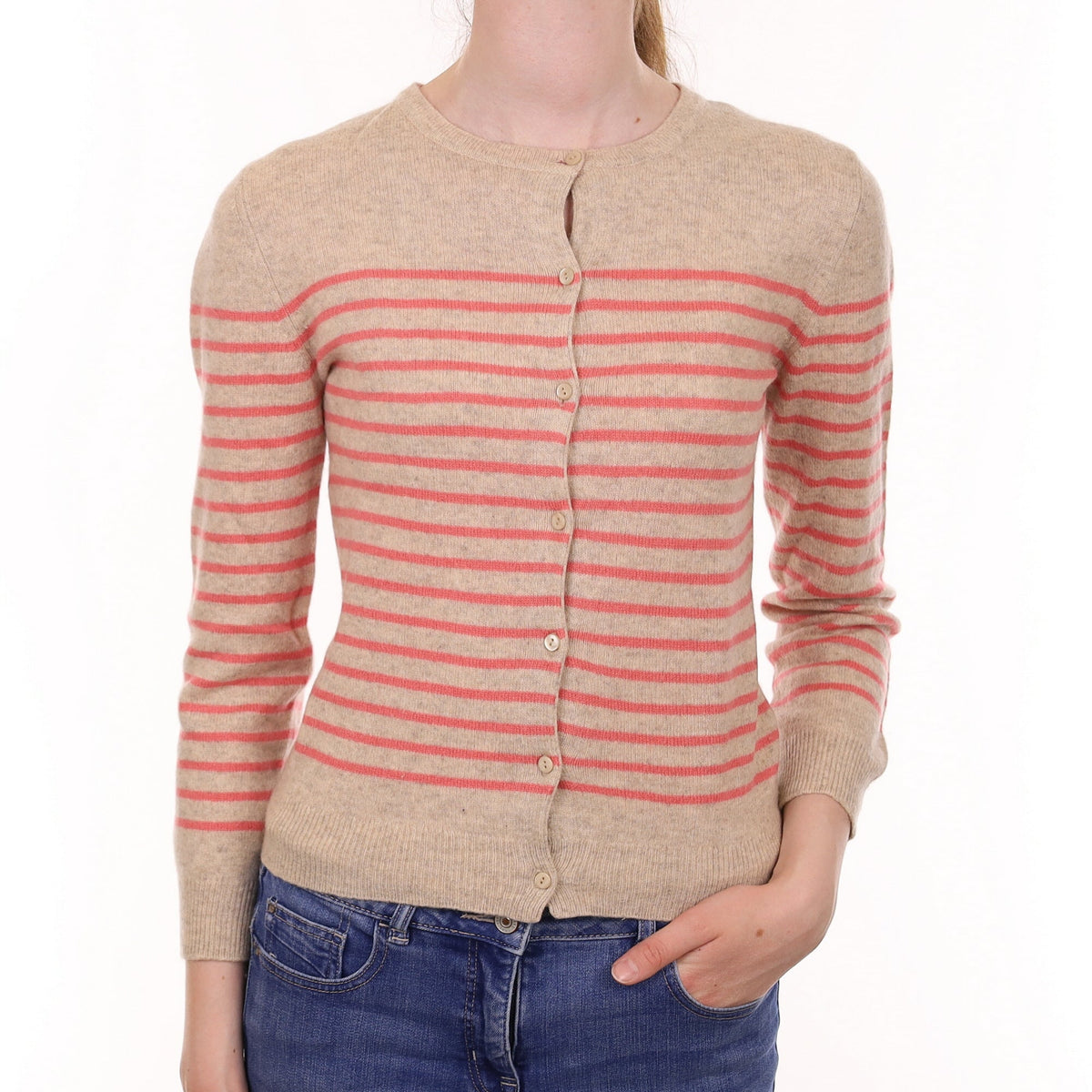 Beige and Pink Striped Cashmere Crew Neck Cardigan Extra Small