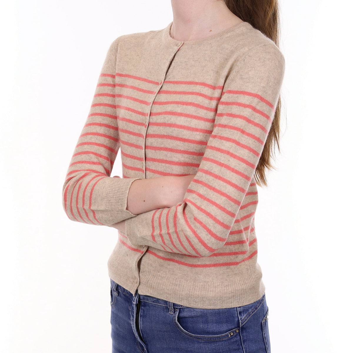 Beige and Pink Striped Cashmere Crew Neck Cardigan Extra Small