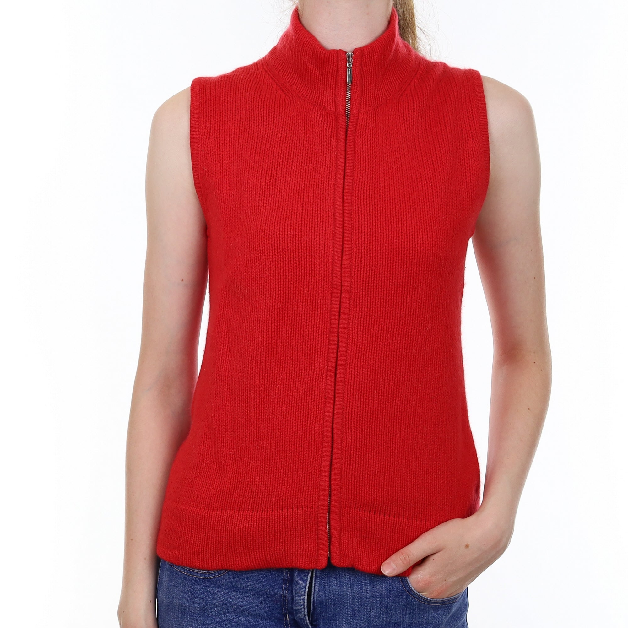 Scarlet Red Cashmere Zip Up Sleeveless Jumper Extra Small