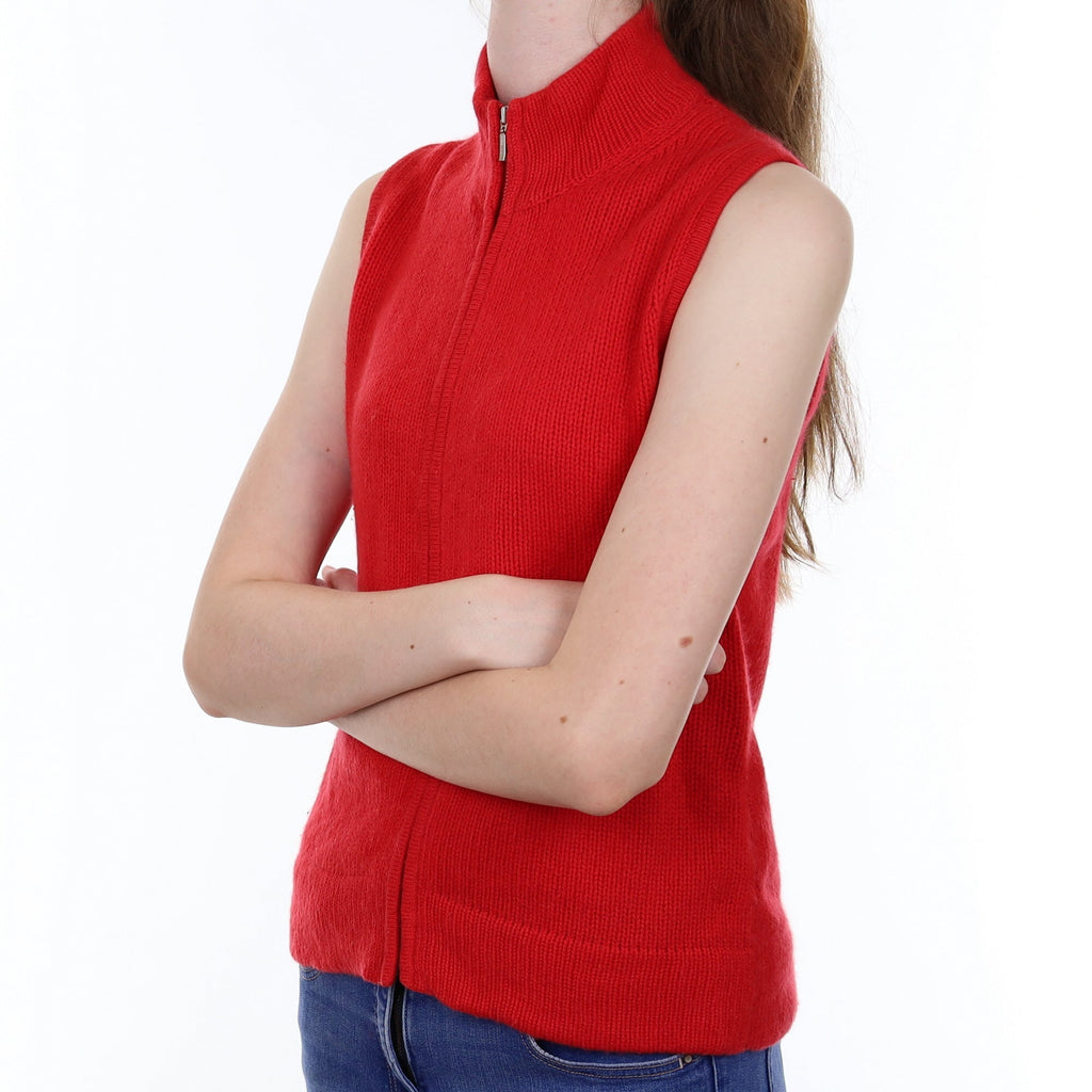 Scarlet Red Cashmere Zip Up Sleeveless Jumper Extra Small