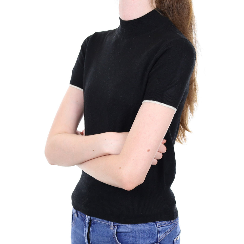 Black Cashmere Short Sleeved Polo Neck Jumper Extra Small