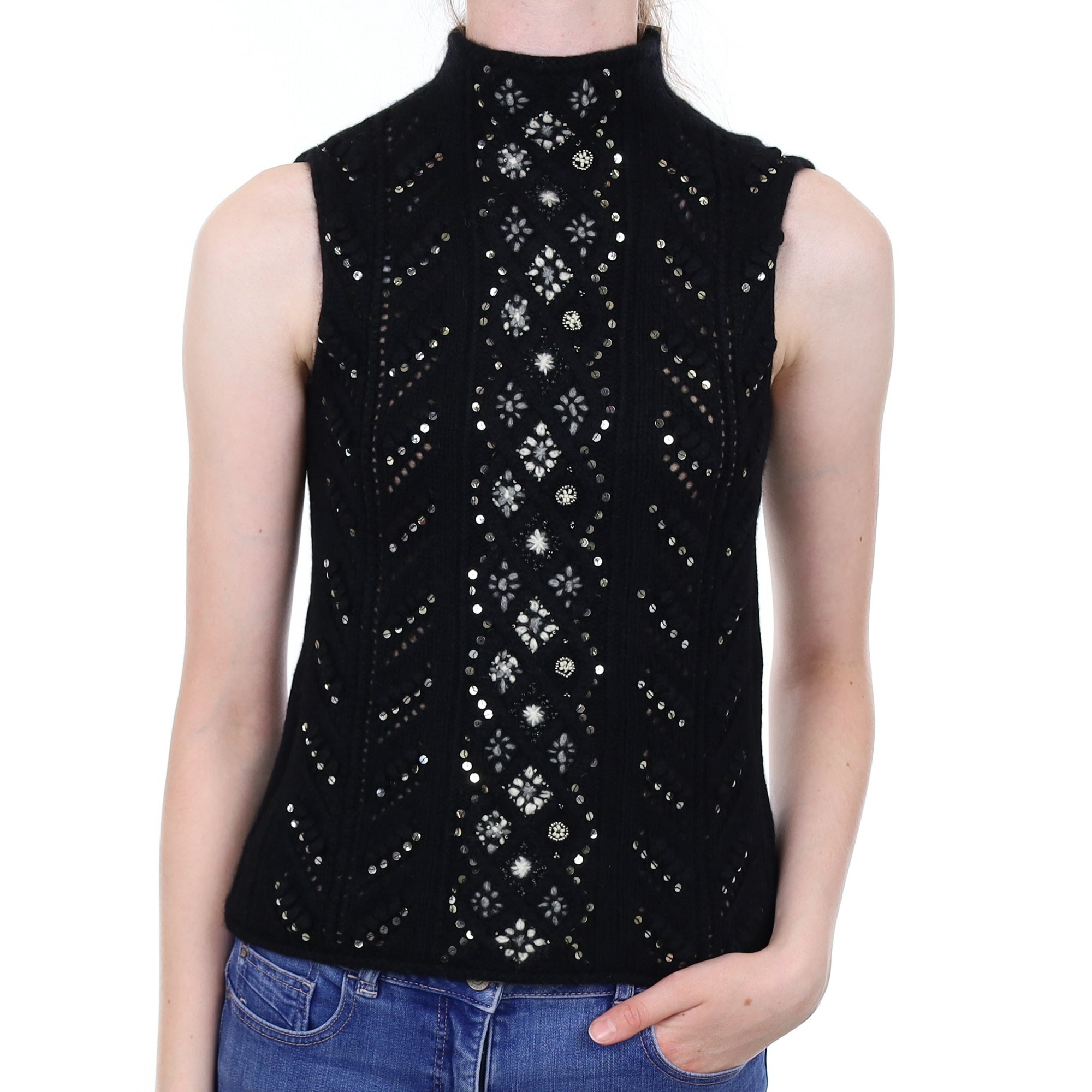 Black Sequin Textured Cashmere Sleeveless Turtle Neck Jumper Extra Small