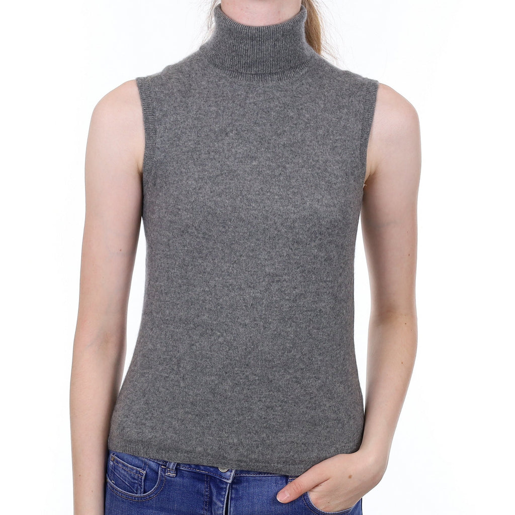 Slate Grey Cashmere Sleeveless Polo Neck Jumper Extra Small