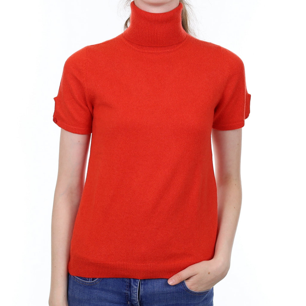 Vermillion Orange Cashmere Short Sleeved Polo Neck Jumper Extra Small